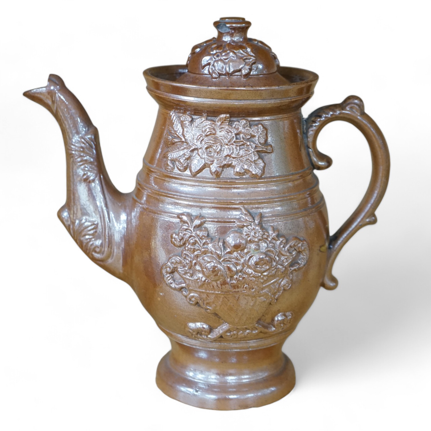 A Derbyshire salt-glaze coffee pot, 21cm high. Condition - fair, two significant chips to lid and other minor chipping.